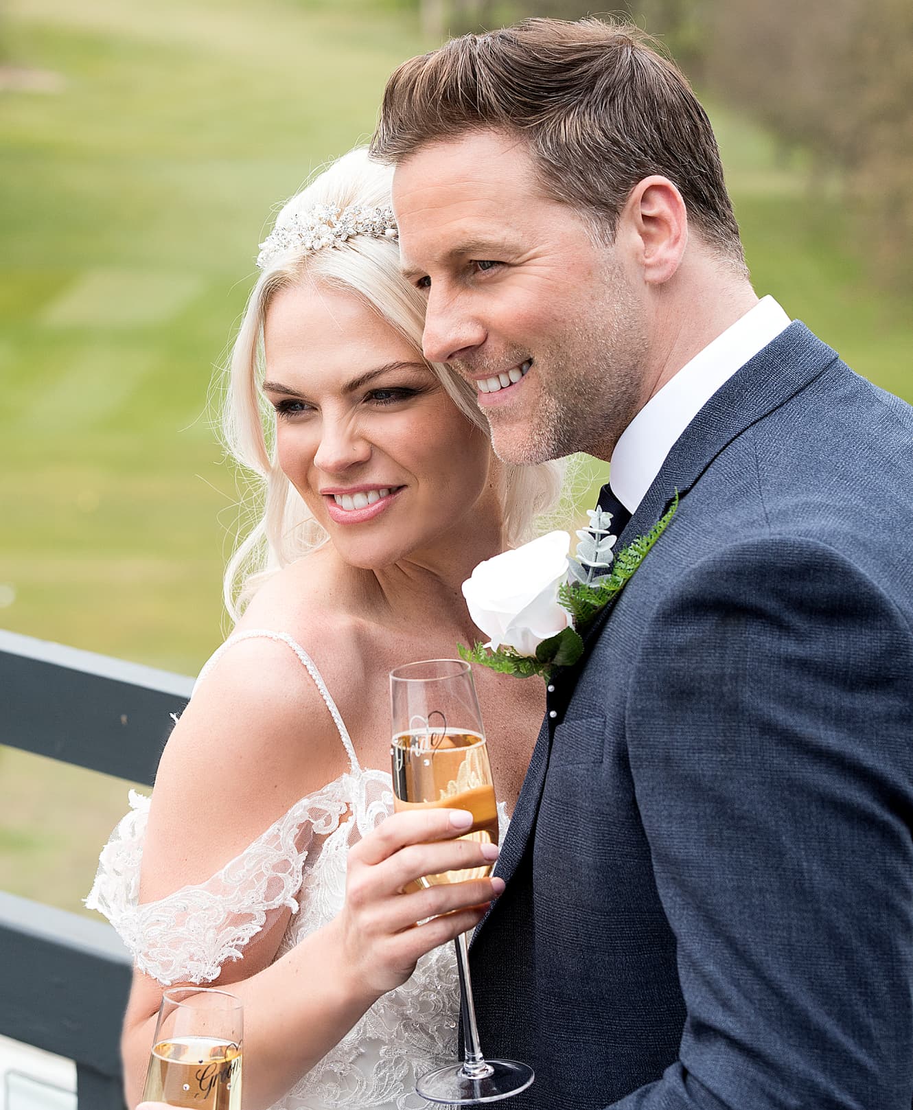 Couple embracing on their wedding day